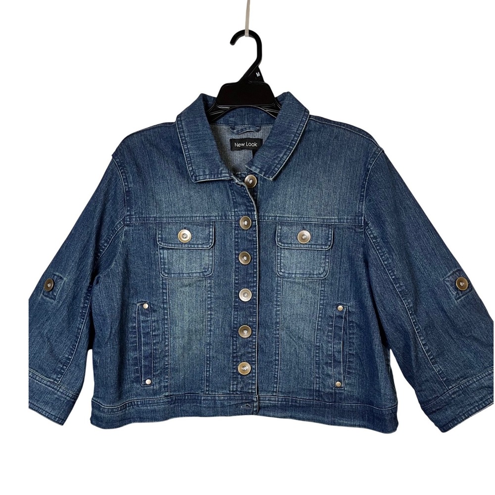 New Look Denim Jacket Womens M Blue Stretch Roll Tab Sleeve Cropped
